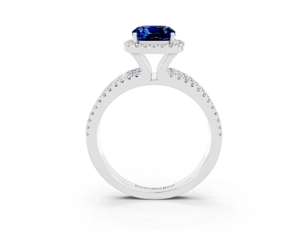 White gold Cushion Cut Blue Sapphire Halo Engagement Ring with Split Shank and Four-Prong Setting