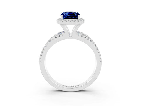 White gold {shape_name} Blue Sapphire Halo Engagement Ring with Split Shank and Four-Prong Setting_15
