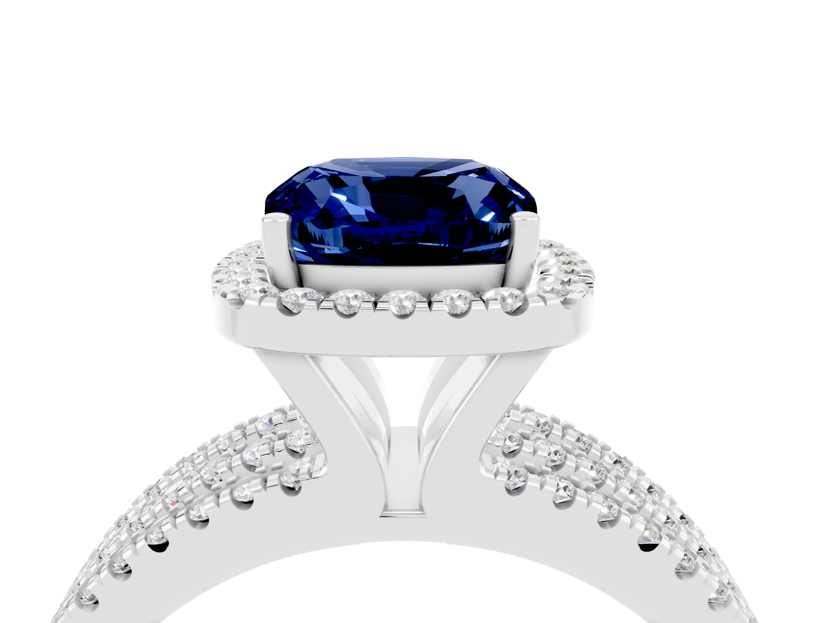 White gold {shape_name} Blue Sapphire Halo Engagement Ring with Split Shank and Four-Prong Setting_16