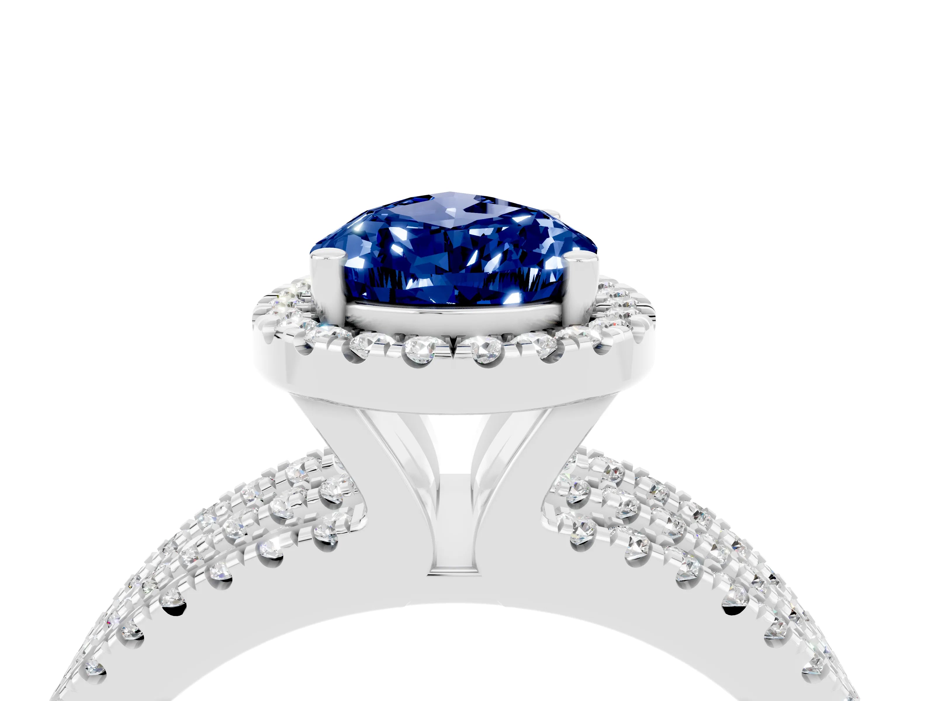 White gold {shape_name} Blue Sapphire Halo Engagement Ring with Split Shank and Four-Prong Setting_16