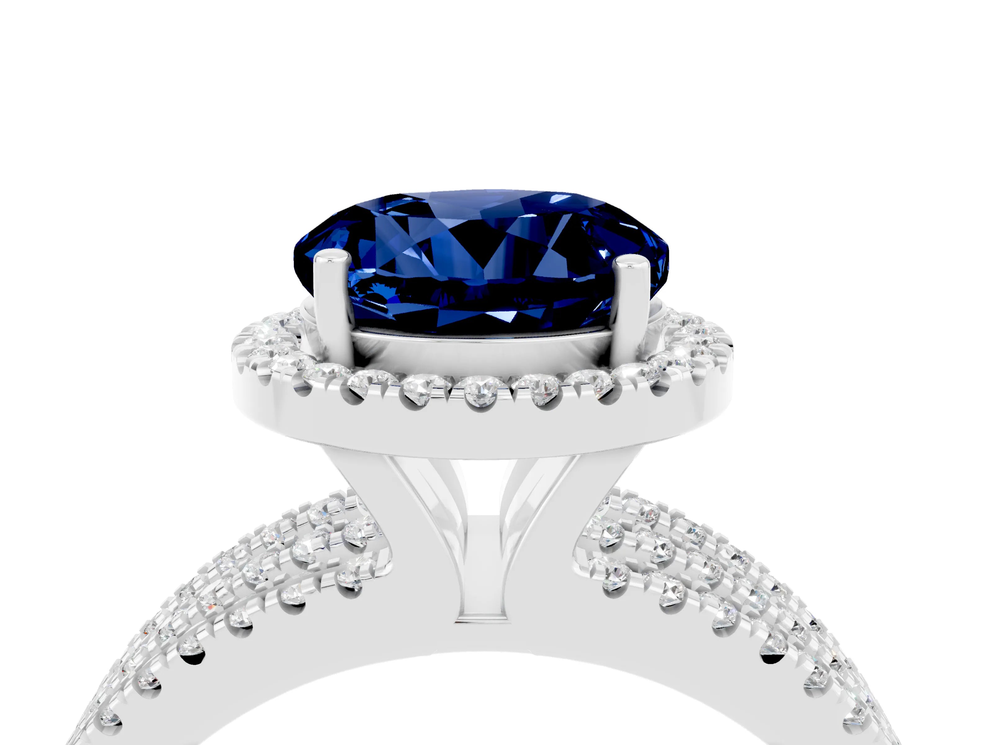 White gold {shape_name} Blue Sapphire Halo Engagement Ring with Split Shank and Four-Prong Setting_16