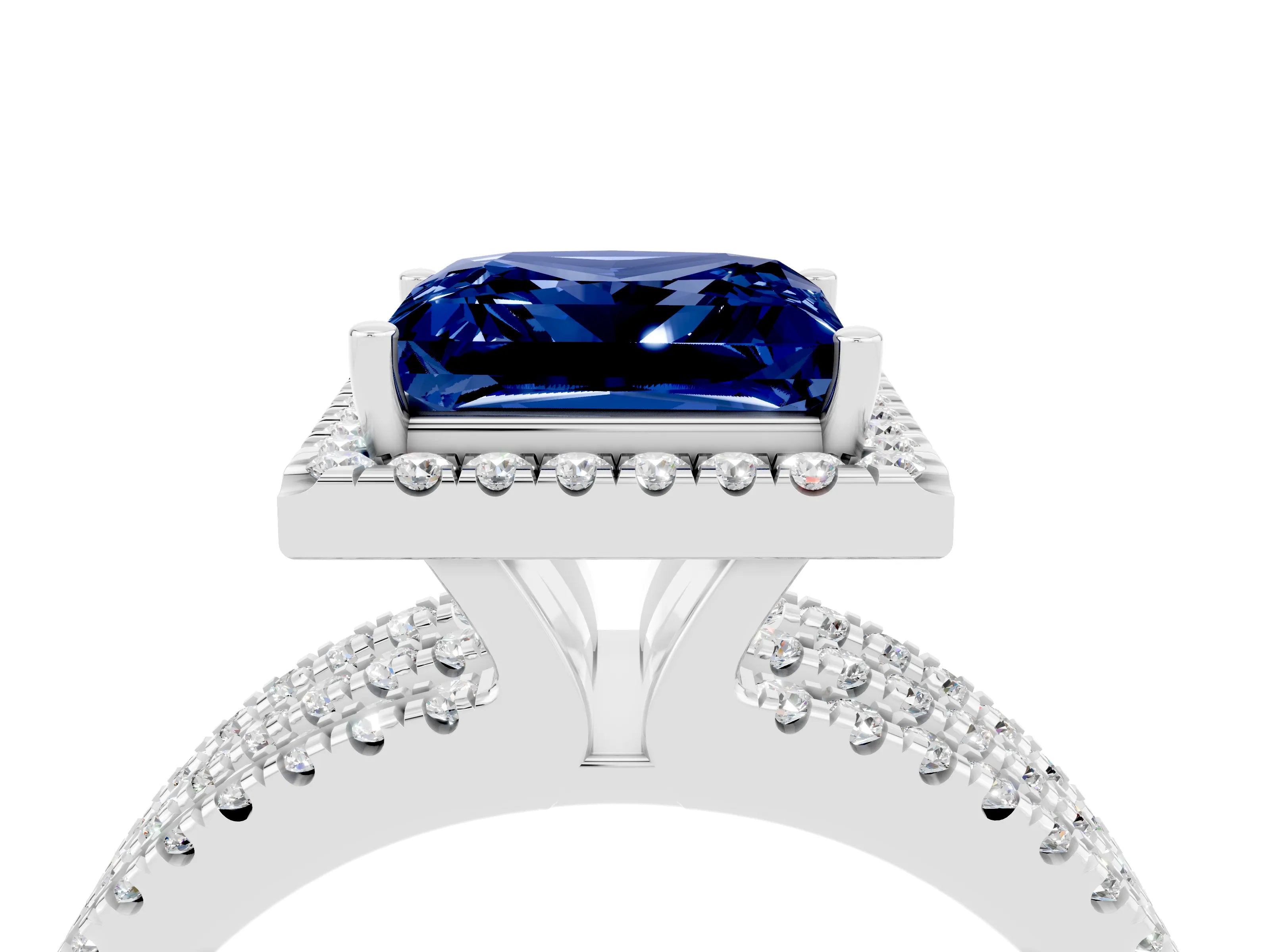 White gold {shape_name} Blue Sapphire Halo Engagement Ring with Split Shank and Four-Prong Setting_16