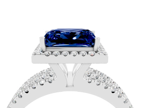White gold {shape_name} Blue Sapphire Halo Engagement Ring with Split Shank and Four-Prong Setting_16