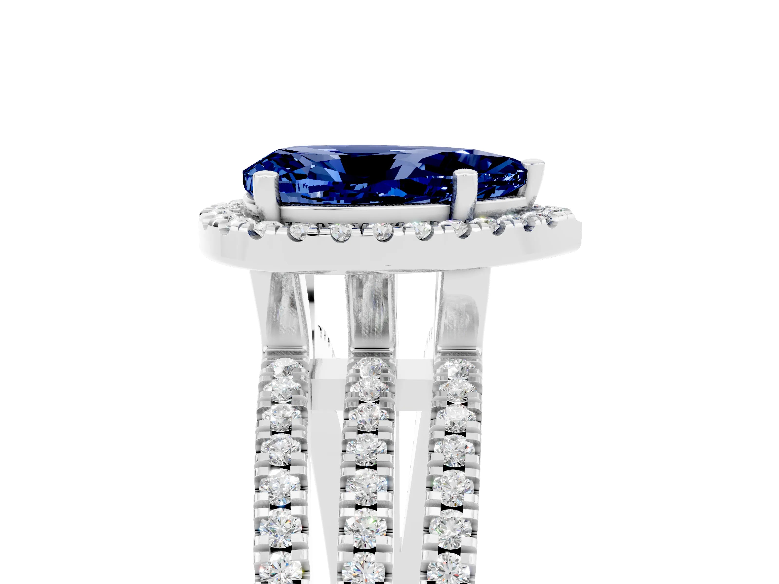 White gold {shape_name} Blue Sapphire Halo Engagement Ring with Split Shank and Four-Prong Setting_17