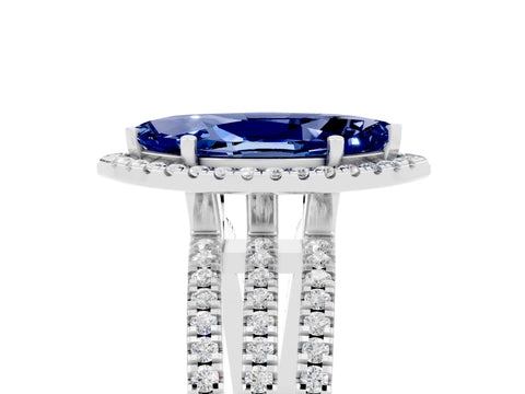 White gold {shape_name} Blue Sapphire Halo Engagement Ring with Split Shank and Four-Prong Setting_17