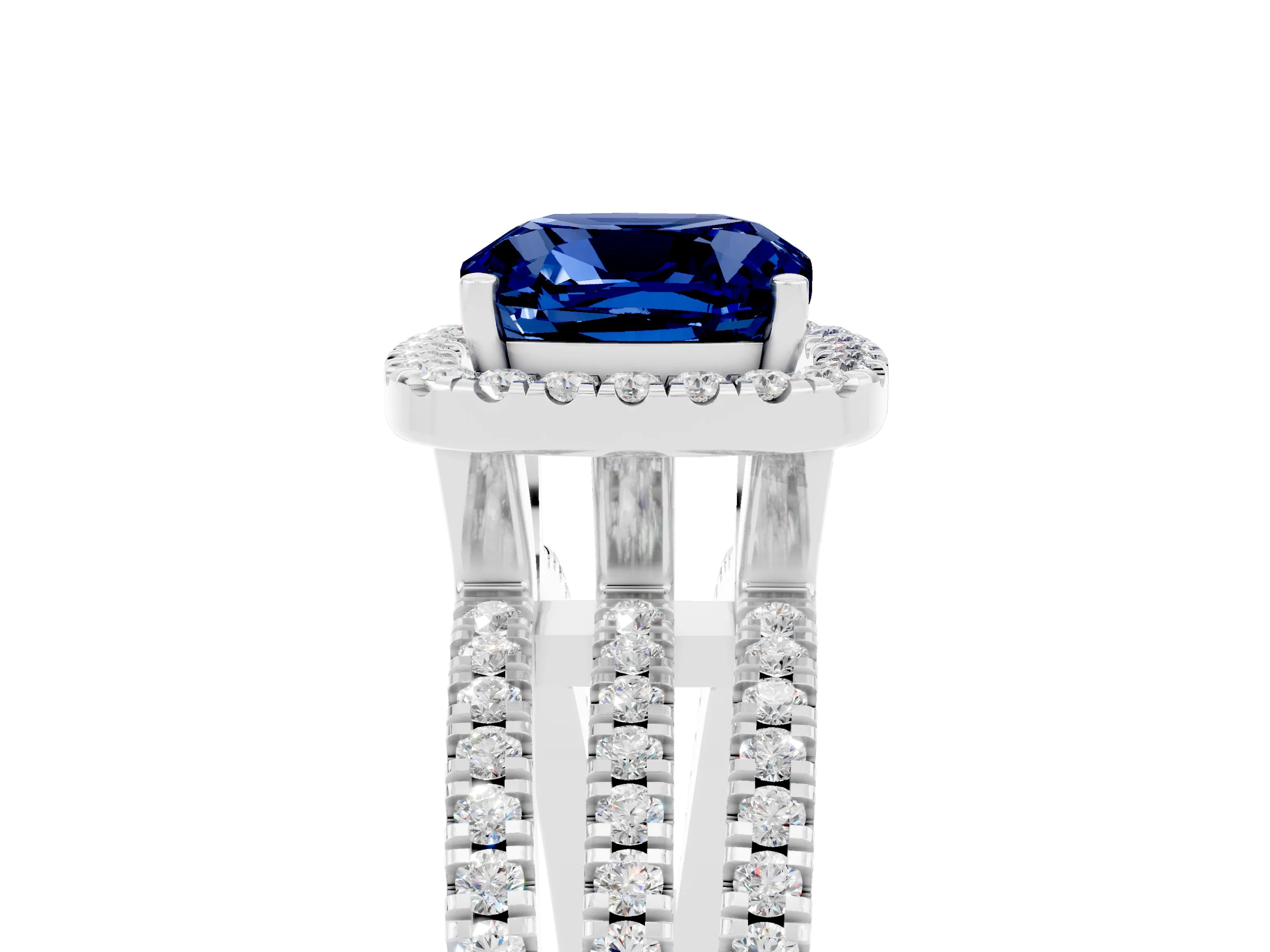 White gold {shape_name} Blue Sapphire Halo Engagement Ring with Split Shank and Four-Prong Setting_17