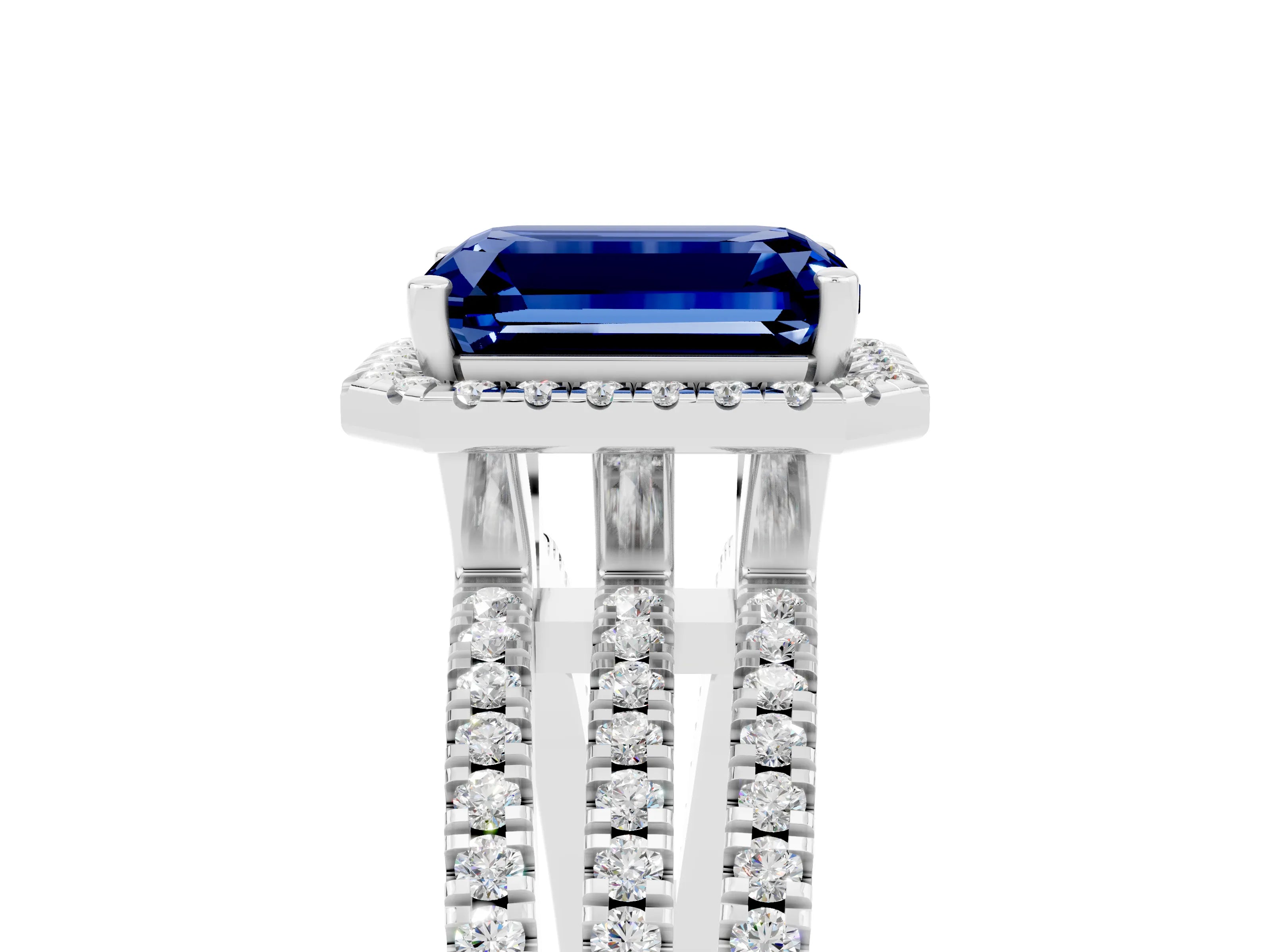 White gold {shape_name} Blue Sapphire Halo Engagement Ring with Split Shank and Four-Prong Setting_17