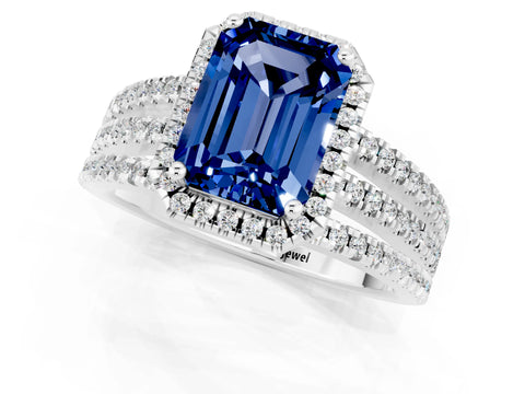 White gold {shape_name} Blue Sapphire Halo Engagement Ring with Split Shank and Four-Prong Setting_1
