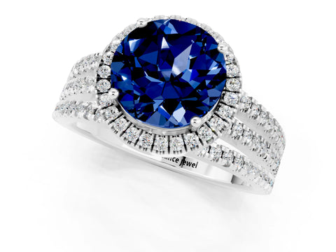 White gold {shape_name} Blue Sapphire Halo Engagement Ring with Split Shank and Four-Prong Setting_1