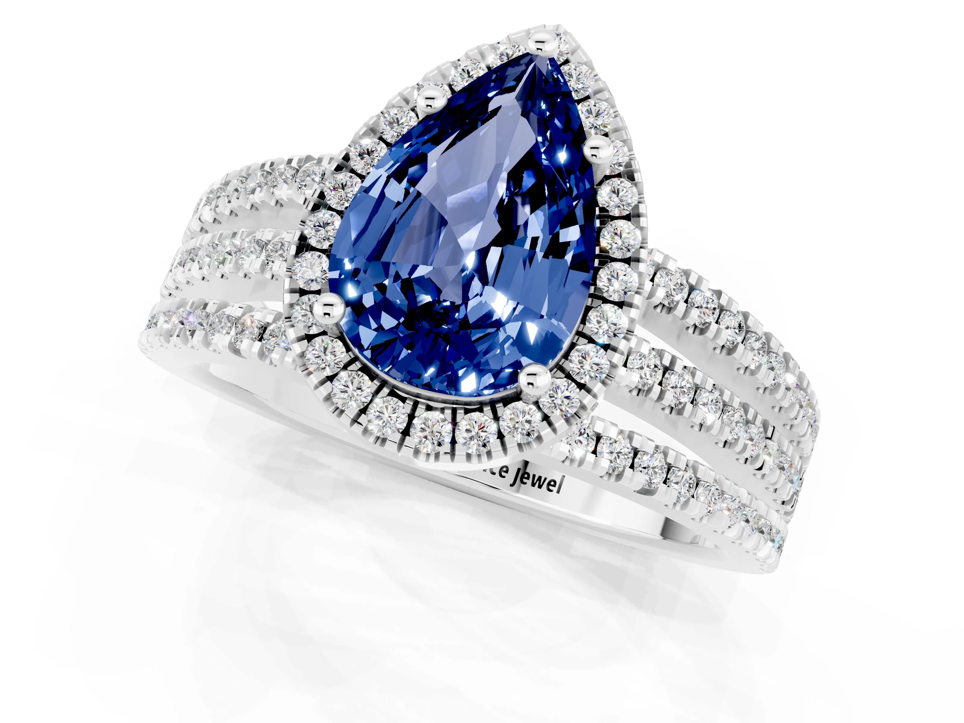 White gold {shape_name} Blue Sapphire Halo Engagement Ring with Split Shank and Four-Prong Setting_1