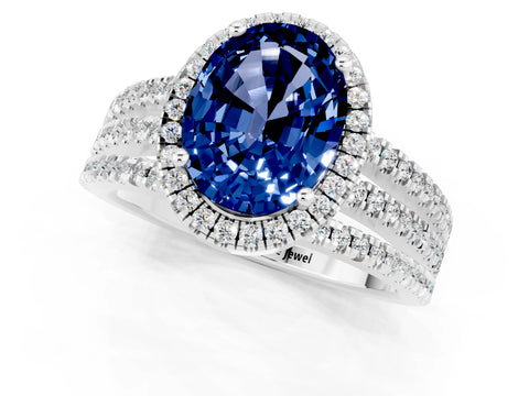 White gold {shape_name} Blue Sapphire Halo Engagement Ring with Split Shank and Four-Prong Setting_1