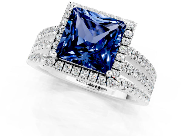 Platinum Princess Cut Blue Sapphire Halo Engagement Ring with Split Shank and Four-Prong Setting