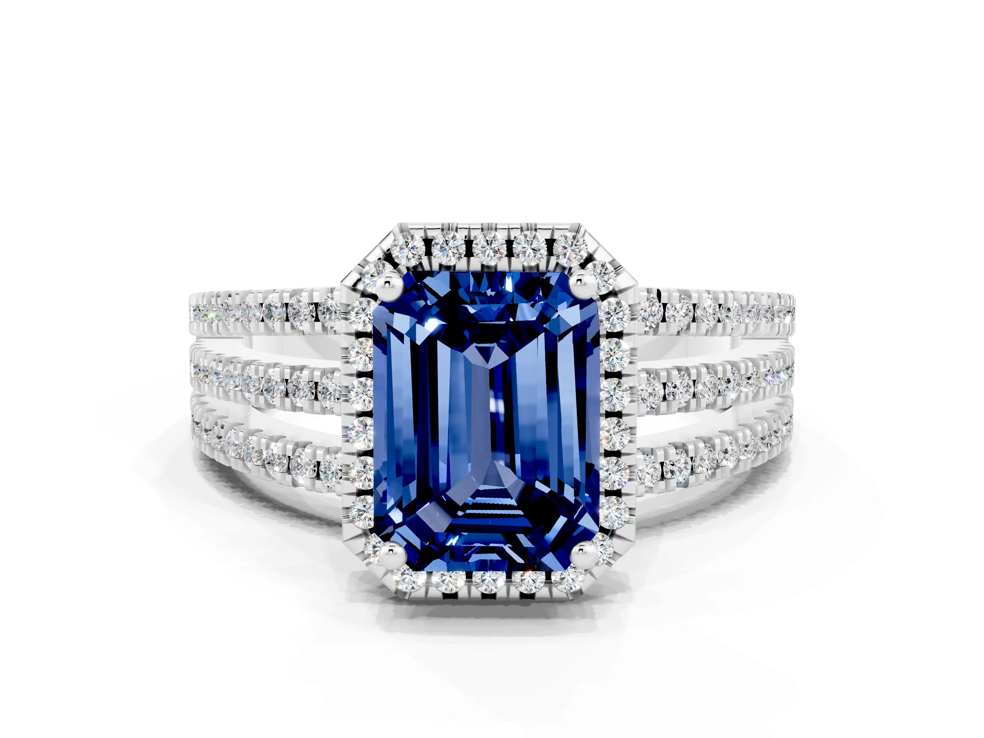 White gold {shape_name} Blue Sapphire Halo Engagement Ring with Split Shank and Four-Prong Setting