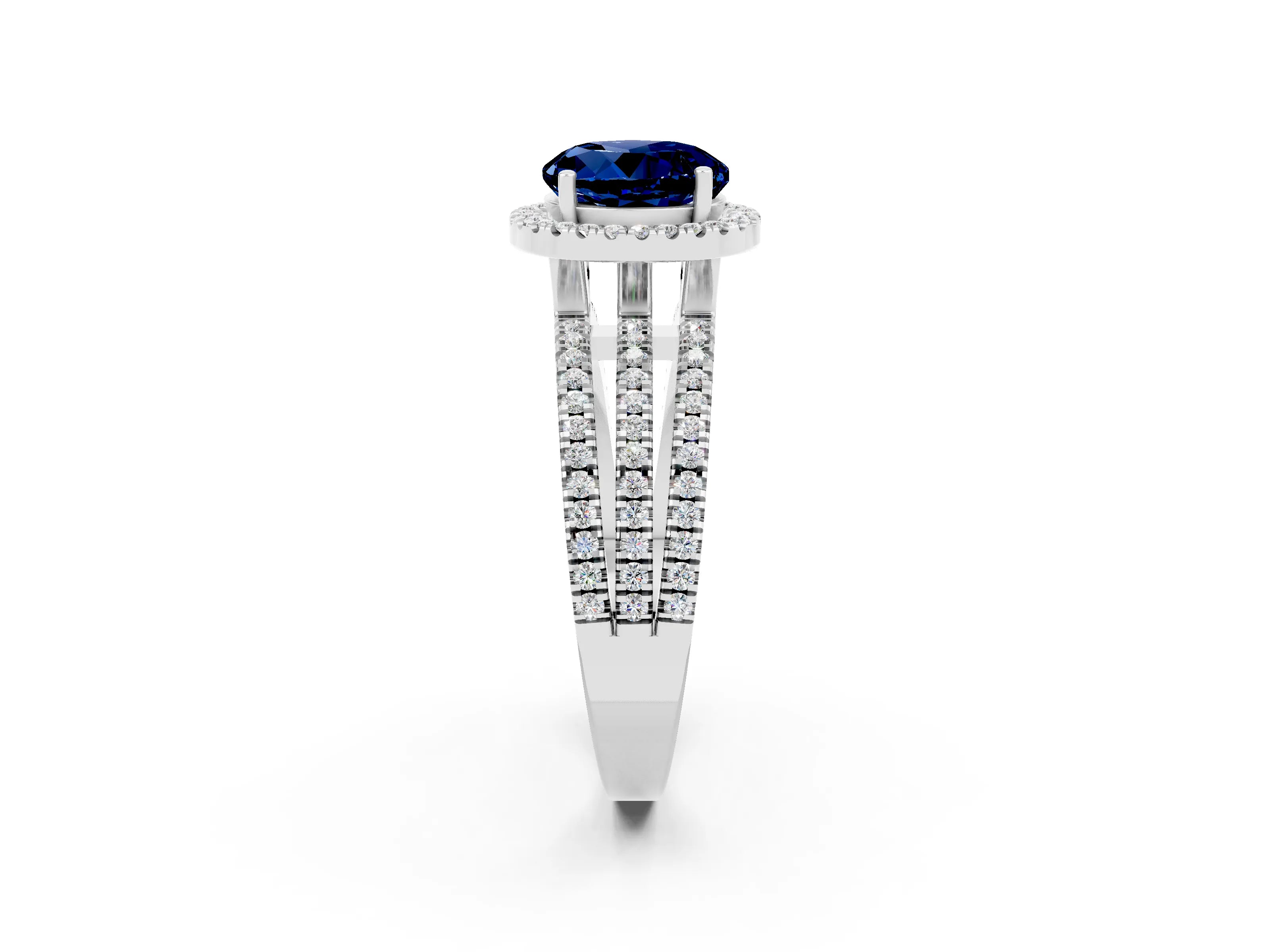 White gold {shape_name} Blue Sapphire Halo Engagement Ring with Split Shank and Four-Prong Setting_2
