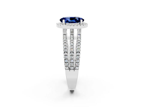 White gold {shape_name} Blue Sapphire Halo Engagement Ring with Split Shank and Four-Prong Setting_2
