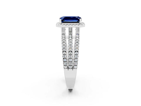 White gold {shape_name} Blue Sapphire Halo Engagement Ring with Split Shank and Four-Prong Setting_2