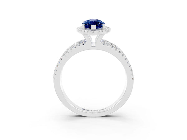 Platinum Marquise Cut Blue Sapphire Halo Engagement Ring with Split Shank and Four-Prong Setting