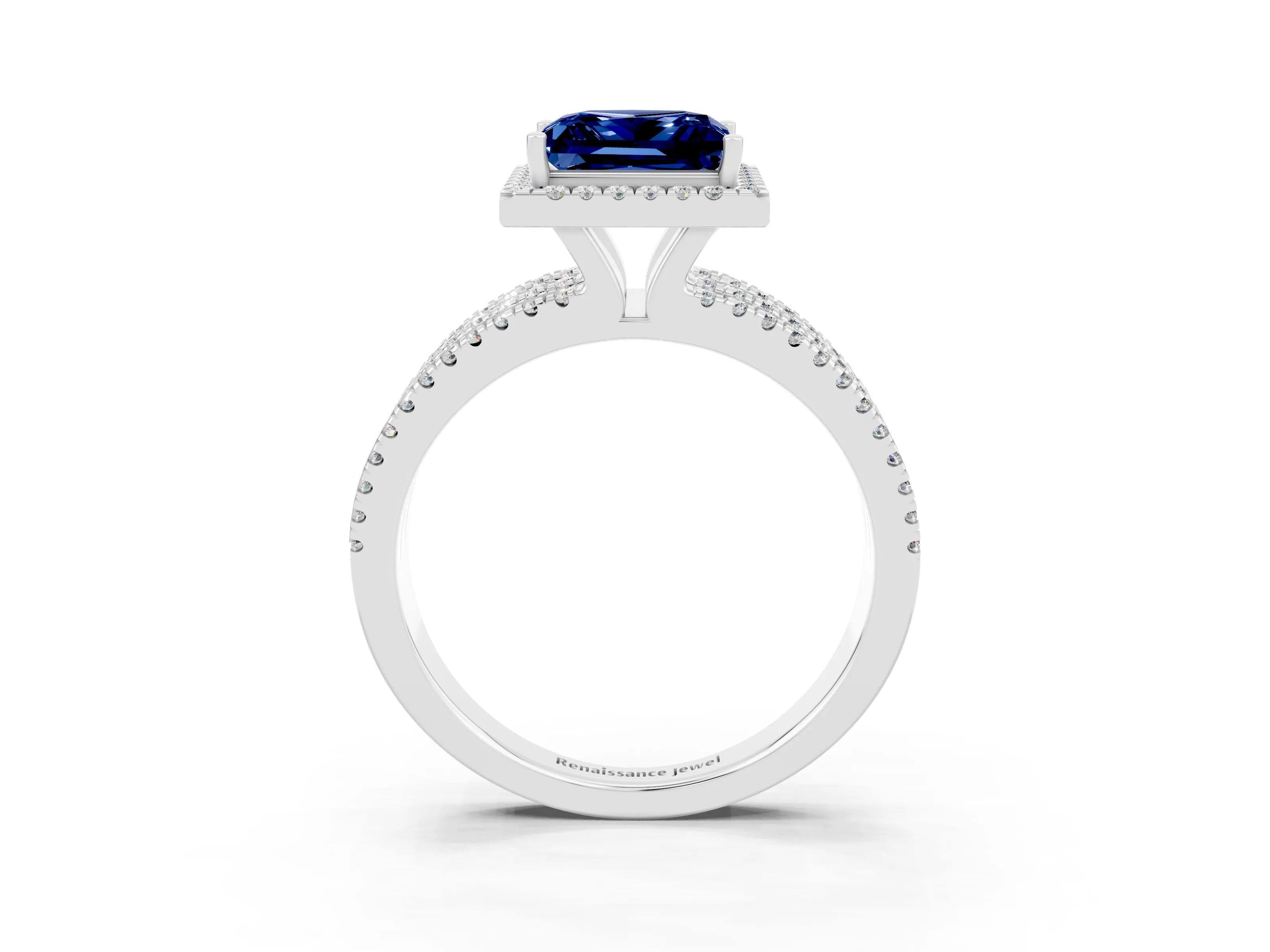 White gold {shape_name} Blue Sapphire Halo Engagement Ring with Split Shank and Four-Prong Setting_3
