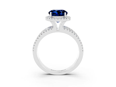 White gold {shape_name} Blue Sapphire Halo Engagement Ring with Split Shank and Four-Prong Setting_3