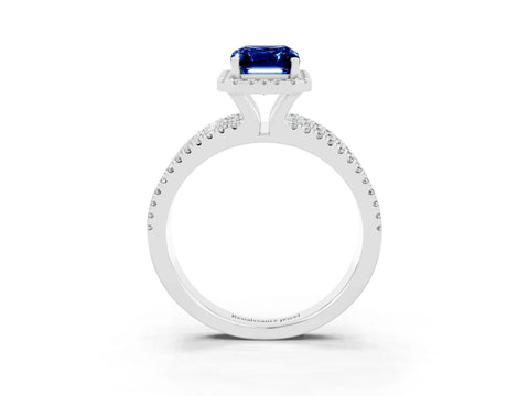 White gold {shape_name} Blue Sapphire Halo Engagement Ring with Split Shank and Four-Prong Setting_3