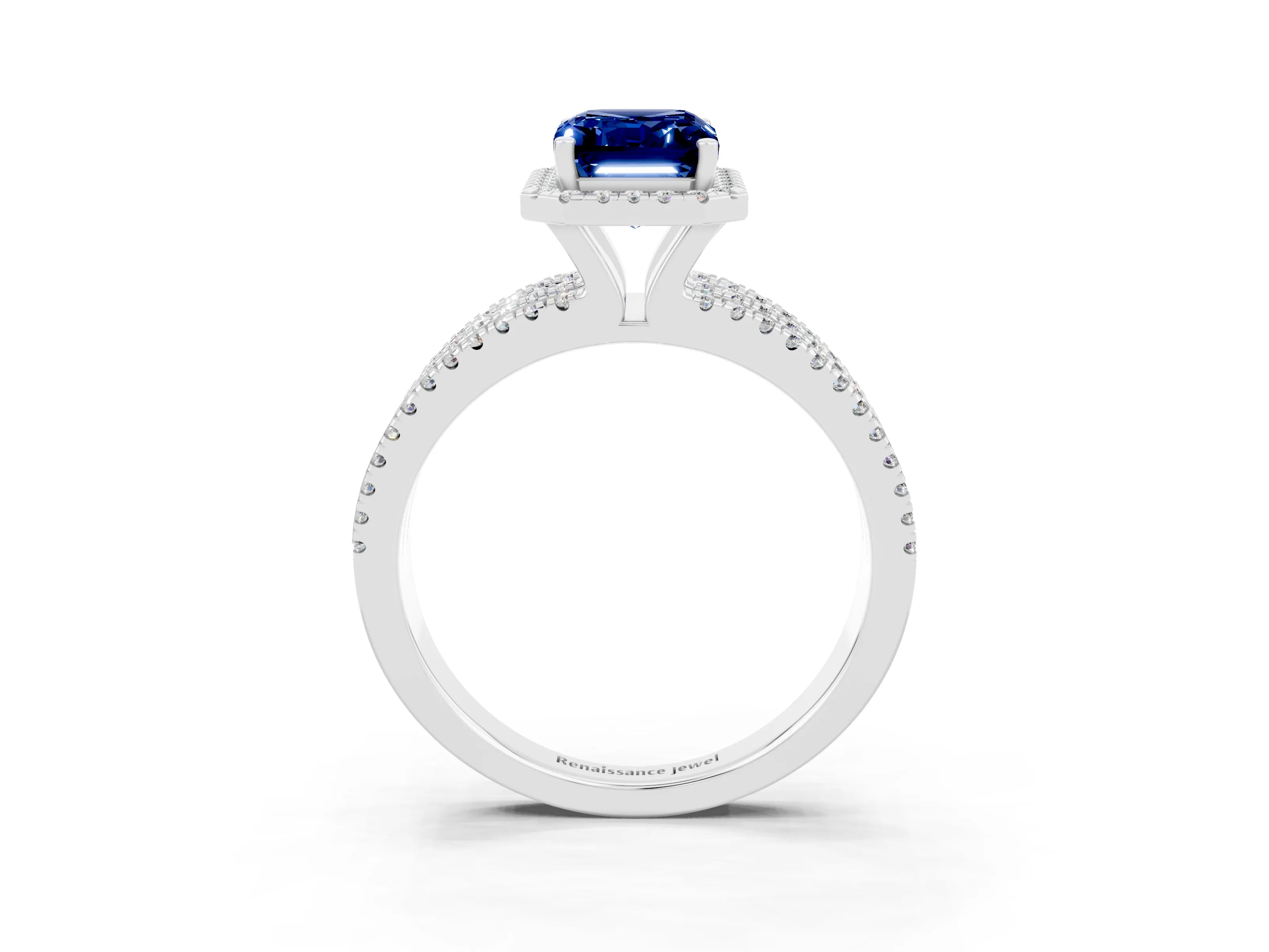 White gold {shape_name} Blue Sapphire Halo Engagement Ring with Split Shank and Four-Prong Setting_3