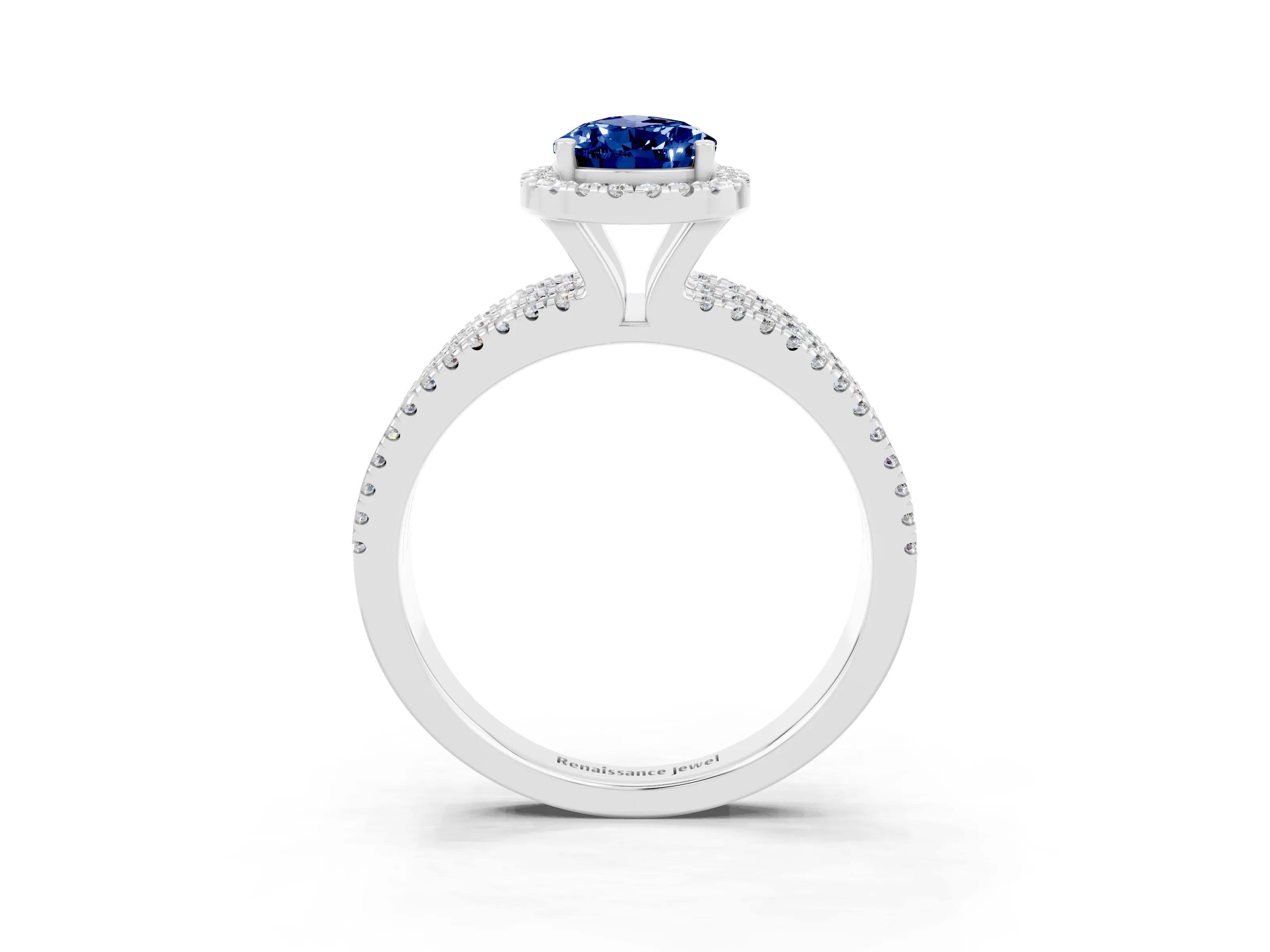 White gold {shape_name} Blue Sapphire Halo Engagement Ring with Split Shank and Four-Prong Setting_3