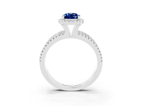 White gold {shape_name} Blue Sapphire Halo Engagement Ring with Split Shank and Four-Prong Setting_3