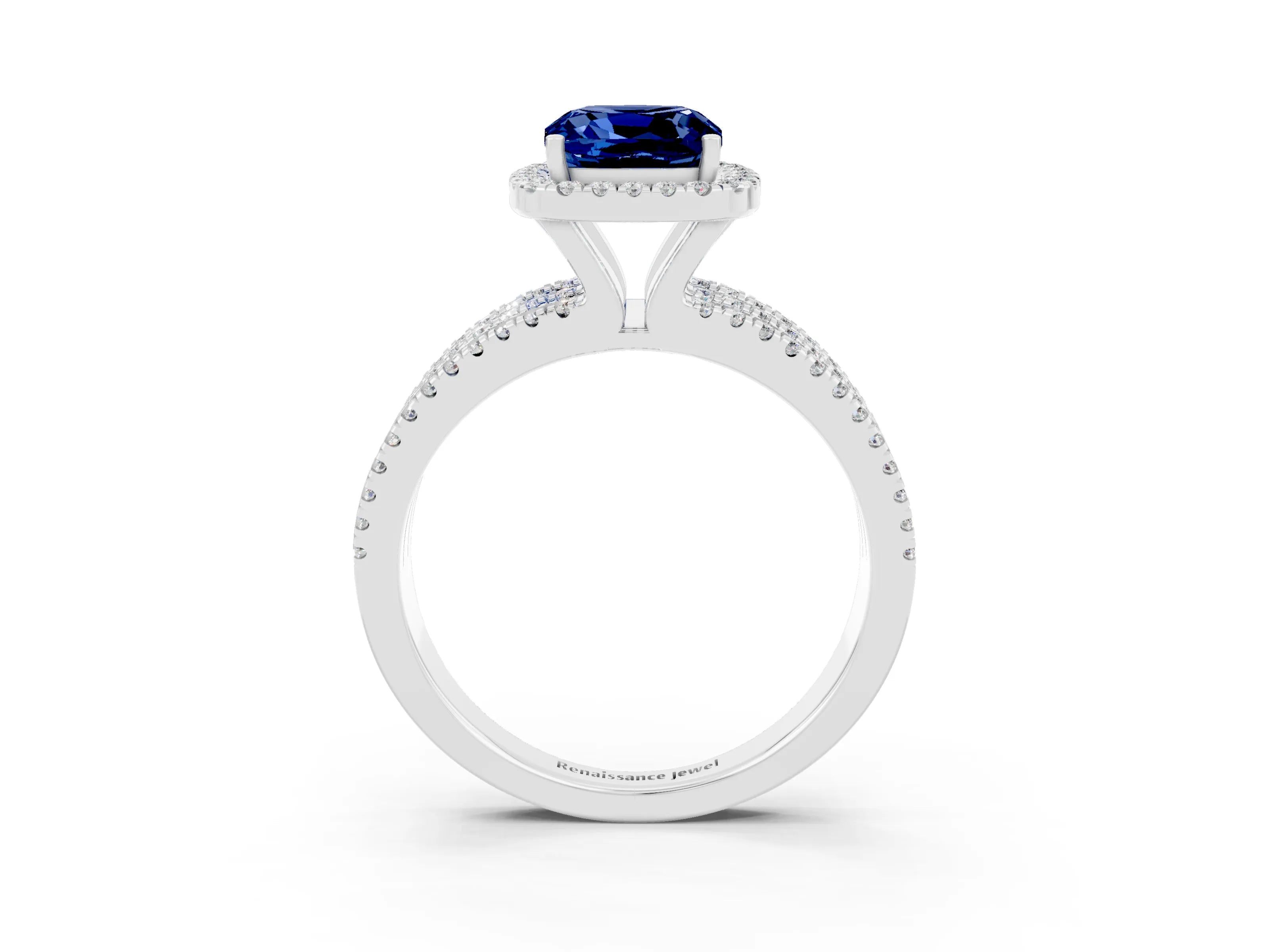 White gold {shape_name} Blue Sapphire Halo Engagement Ring with Split Shank and Four-Prong Setting_3