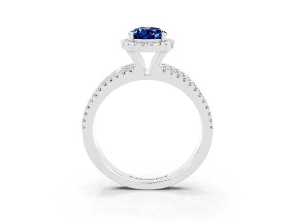 Silver Pear Cut Blue Sapphire Halo Engagement Ring with Split Shank and Four-Prong Setting