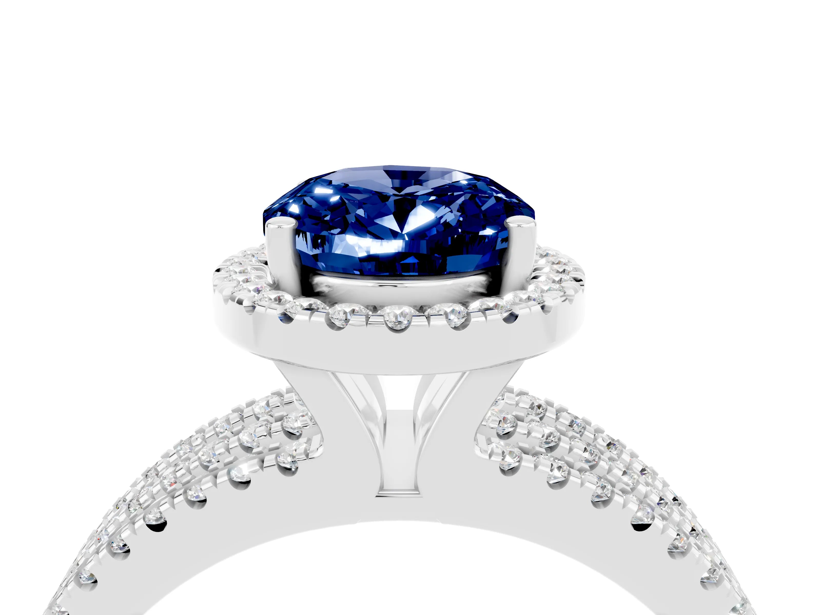 White gold {shape_name} Blue Sapphire Halo Engagement Ring with Split Shank and Four-Prong Setting_4