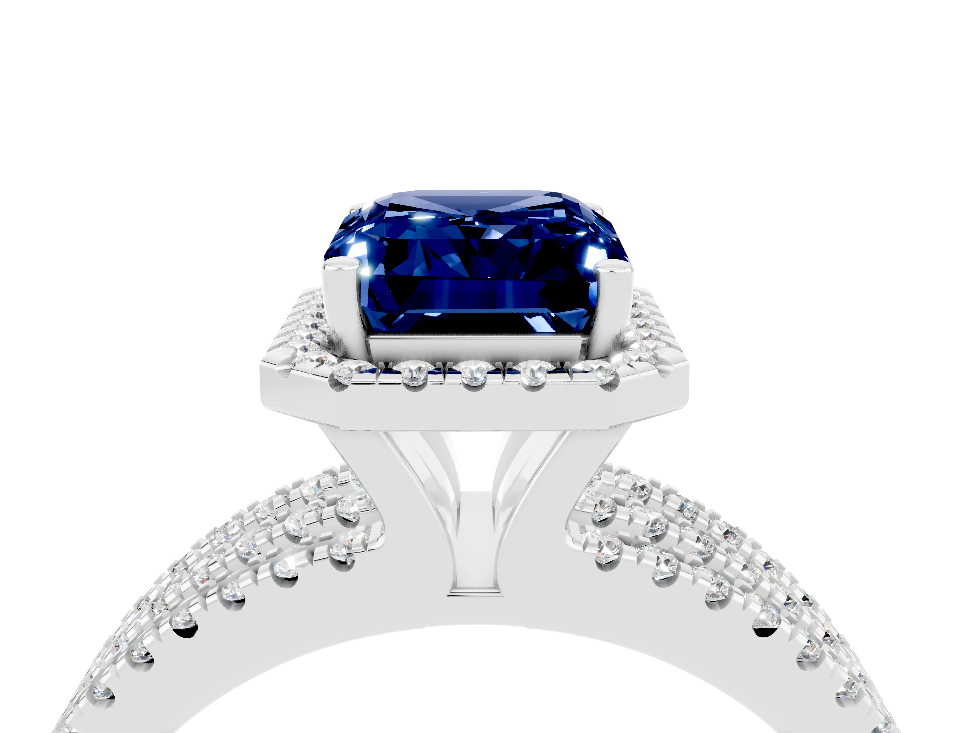 White gold {shape_name} Blue Sapphire Halo Engagement Ring with Split Shank and Four-Prong Setting_4