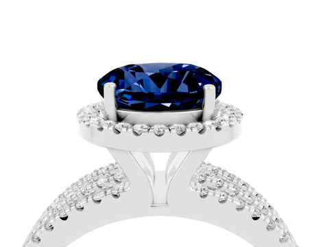 White gold {shape_name} Blue Sapphire Halo Engagement Ring with Split Shank and Four-Prong Setting_4