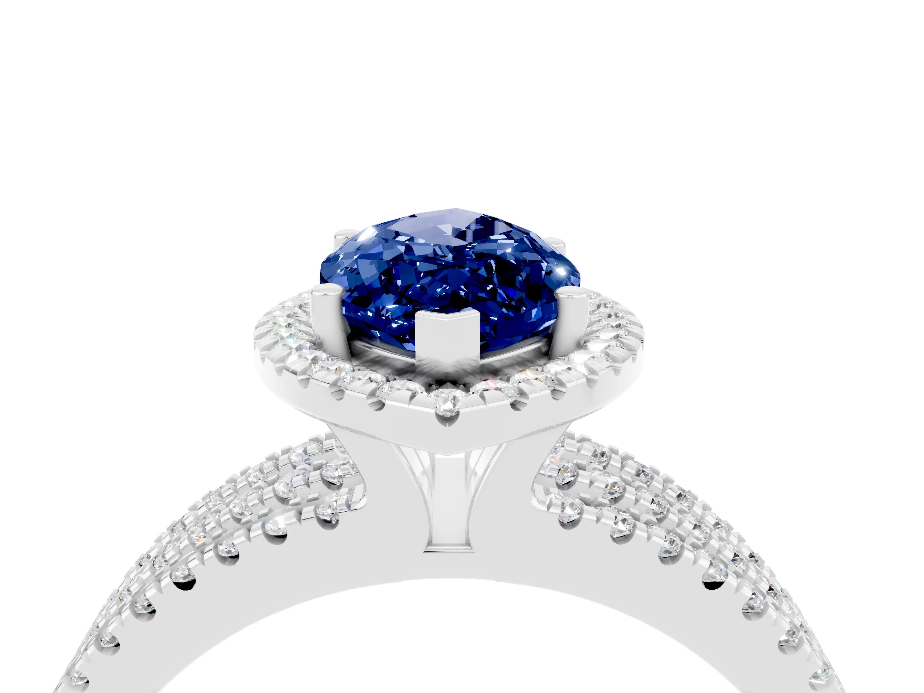 White gold {shape_name} Blue Sapphire Halo Engagement Ring with Split Shank and Four-Prong Setting_4