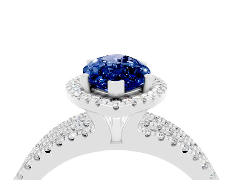 White gold {shape_name} Blue Sapphire Halo Engagement Ring with Split Shank and Four-Prong Setting_4