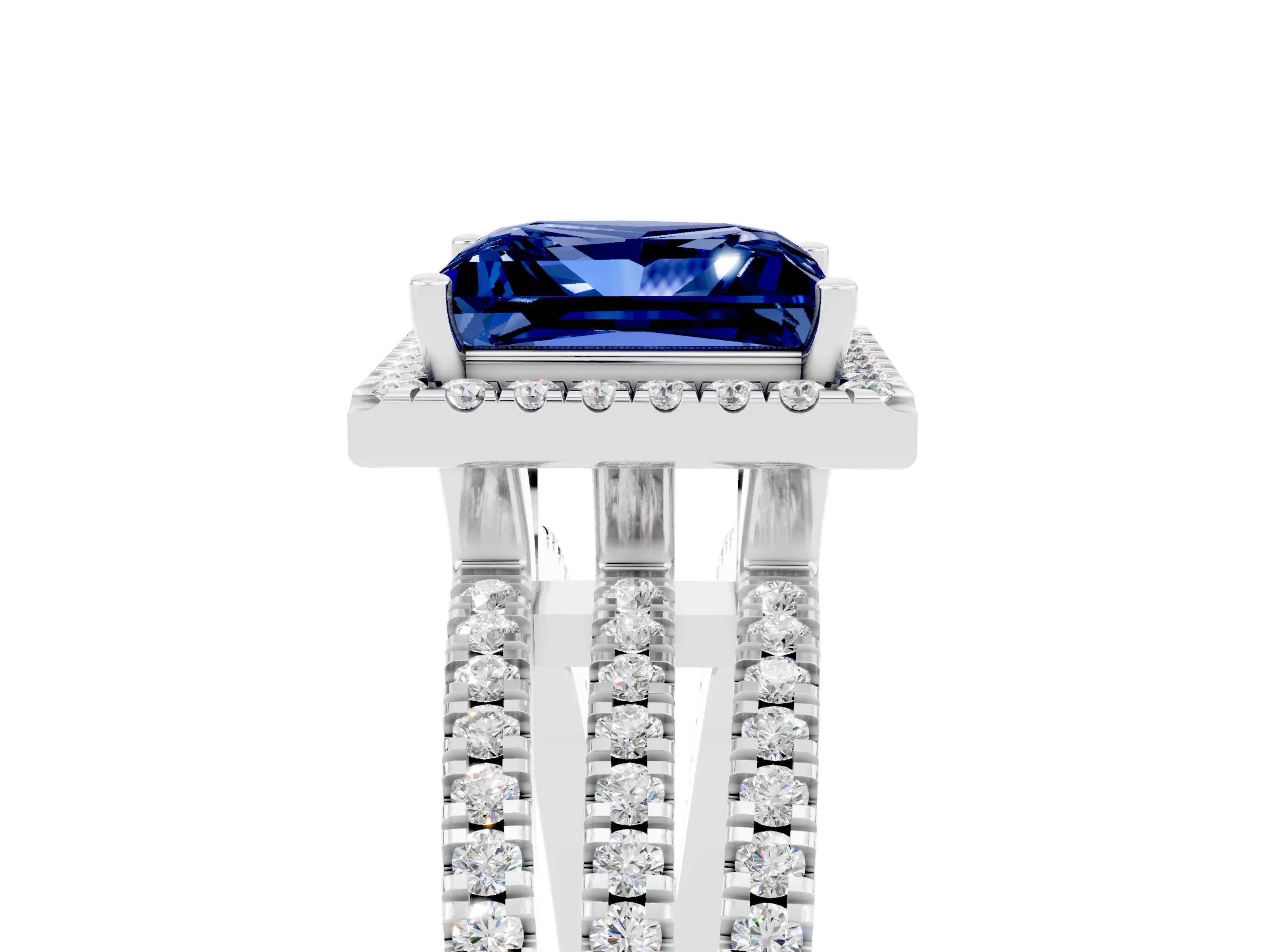 White gold {shape_name} Blue Sapphire Halo Engagement Ring with Split Shank and Four-Prong Setting_5