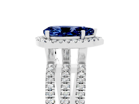 White gold {shape_name} Blue Sapphire Halo Engagement Ring with Split Shank and Four-Prong Setting_5