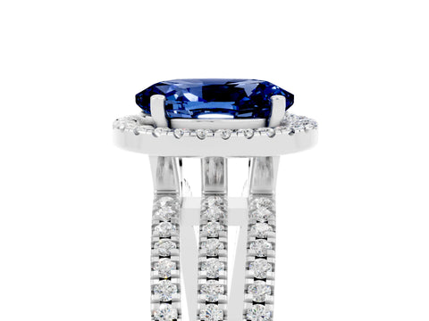 White gold {shape_name} Blue Sapphire Halo Engagement Ring with Split Shank and Four-Prong Setting_5