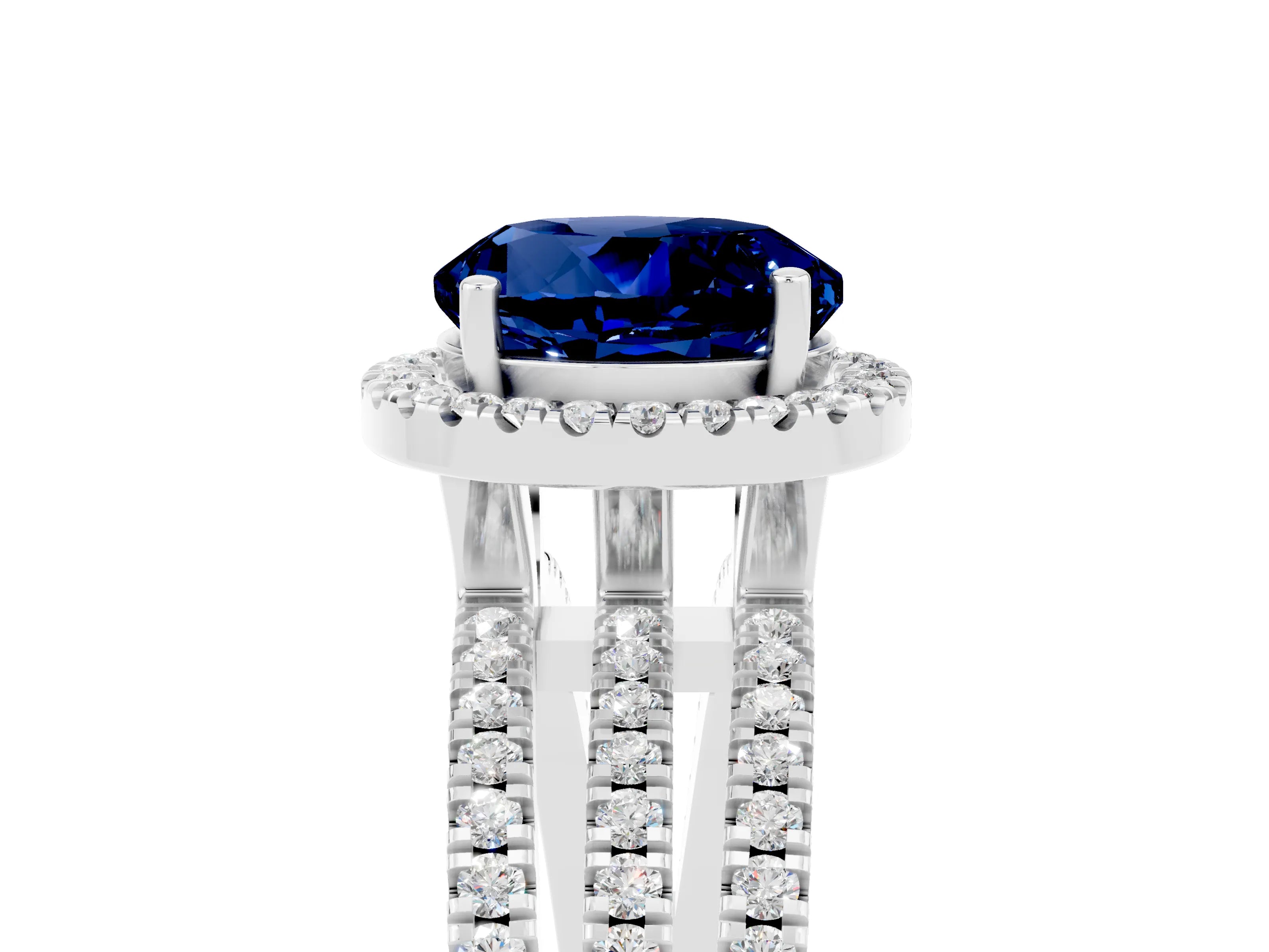 White gold {shape_name} Blue Sapphire Halo Engagement Ring with Split Shank and Four-Prong Setting_5