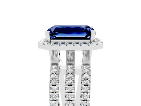 White gold {shape_name} Blue Sapphire Halo Engagement Ring with Split Shank and Four-Prong Setting_5