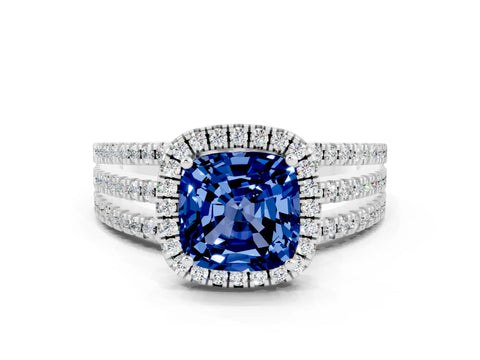 White gold {shape_name} Blue Sapphire Halo Engagement Ring with Split Shank and Four-Prong Setting