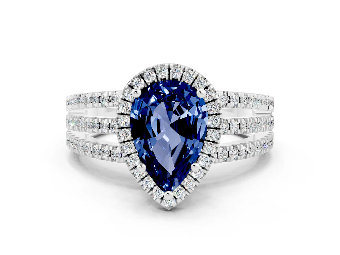 White gold {shape_name} Blue Sapphire Halo Engagement Ring with Split Shank and Four-Prong Setting