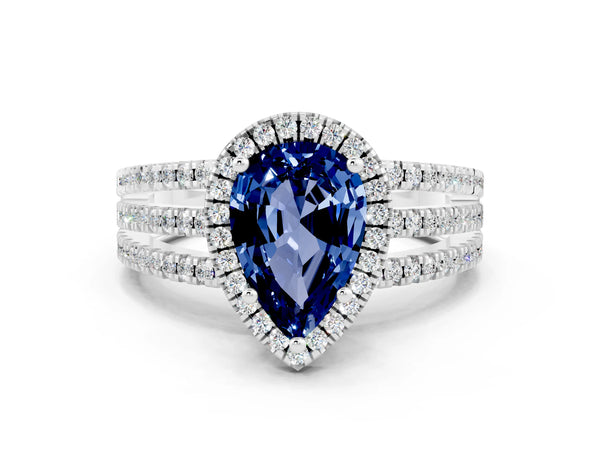 Platinum Pear Cut Blue Sapphire Halo Engagement Ring with Split Shank and Four-Prong Setting