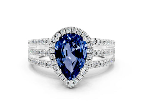 White gold {shape_name} Blue Sapphire Halo Engagement Ring with Split Shank and Four-Prong Setting