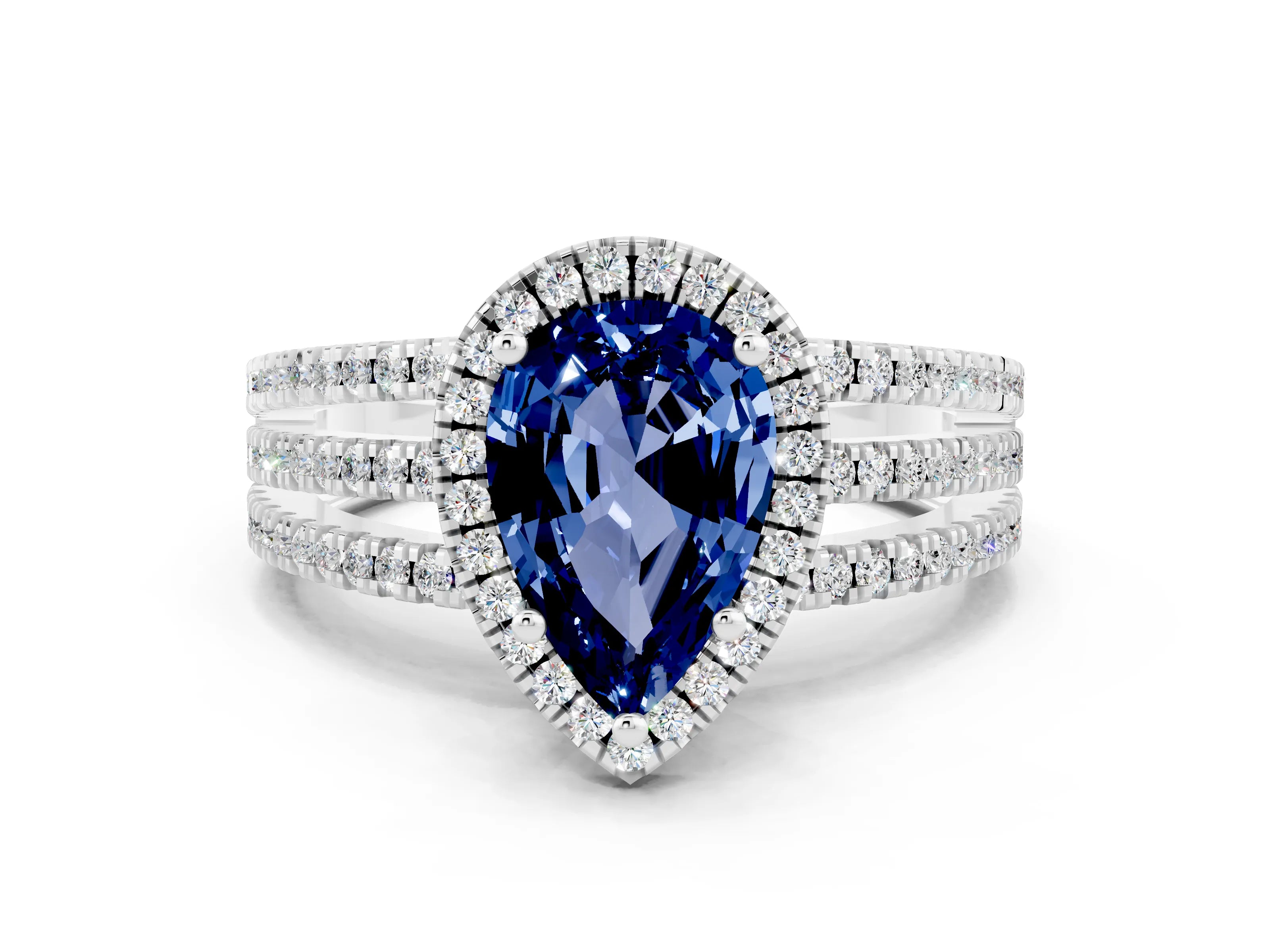 White gold {shape_name} Blue Sapphire Halo Engagement Ring with Split Shank and Four-Prong Setting