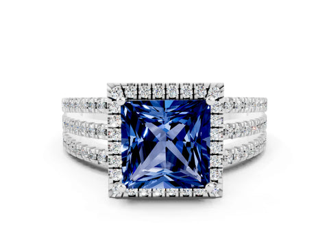 White gold {shape_name} Blue Sapphire Halo Engagement Ring with Split Shank and Four-Prong Setting