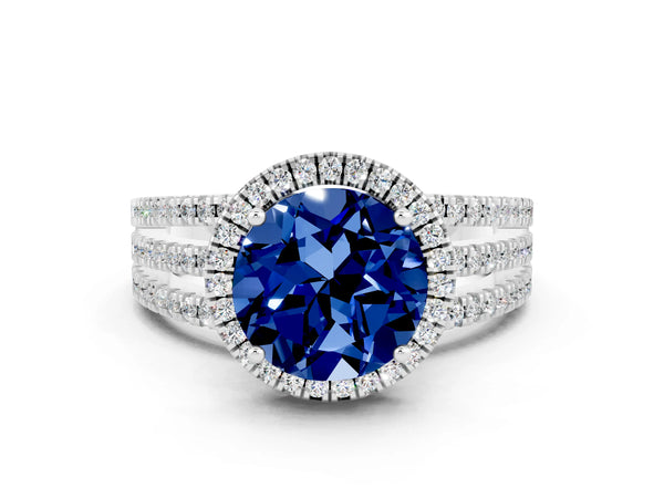 Silver Round Cut Blue Sapphire Halo Engagement Ring with Split Shank and Four-Prong Setting