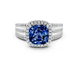 White gold {shape_name} Blue Sapphire Halo Engagement Ring with Split Shank and Four-Prong Setting