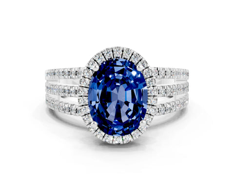 White gold {shape_name} Blue Sapphire Halo Engagement Ring with Split Shank and Four-Prong Setting