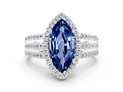 White gold {shape_name} Blue Sapphire Halo Engagement Ring with Split Shank and Four-Prong Setting