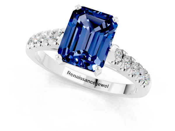 Platinum Emerald Cut Blue Sapphire Pavé Band Solitaire Ring with Prong Setting